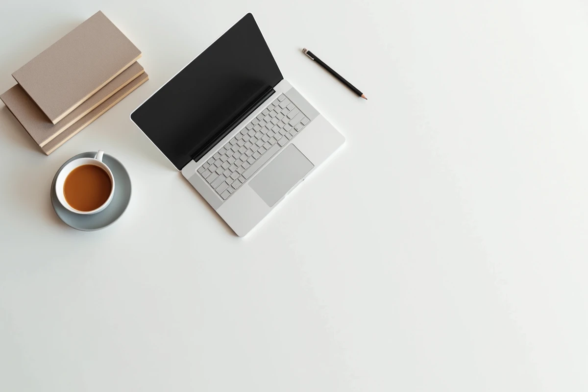 Flat-lay minimaliste avec laptop, carnet et café sur fond blanc épuré, illustrant la philosophie du contenu de qualité sur la quantité pour un blog minimaliste