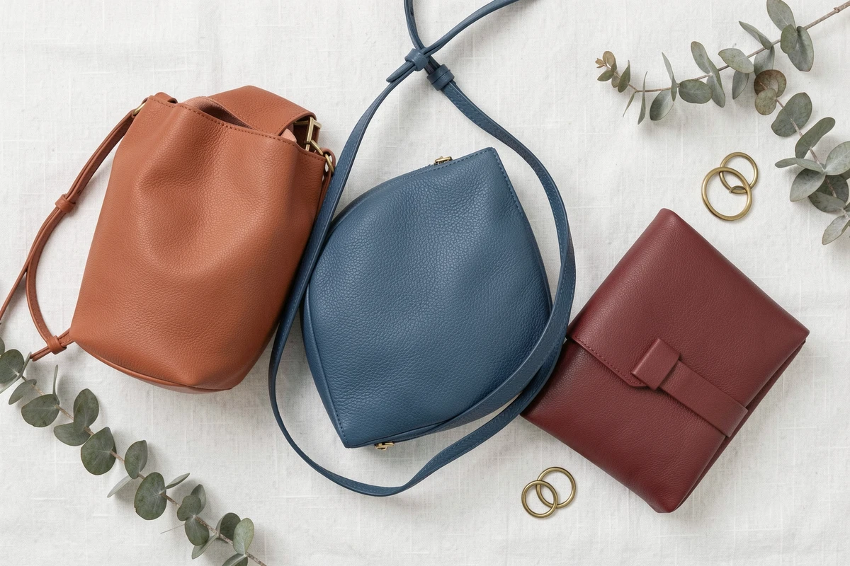 Flat-lay de trois sacs tendance 2026 en terracotta, bleu cobalt et bordeaux sur fond de lin blanc, nuances de couleurs incontournables