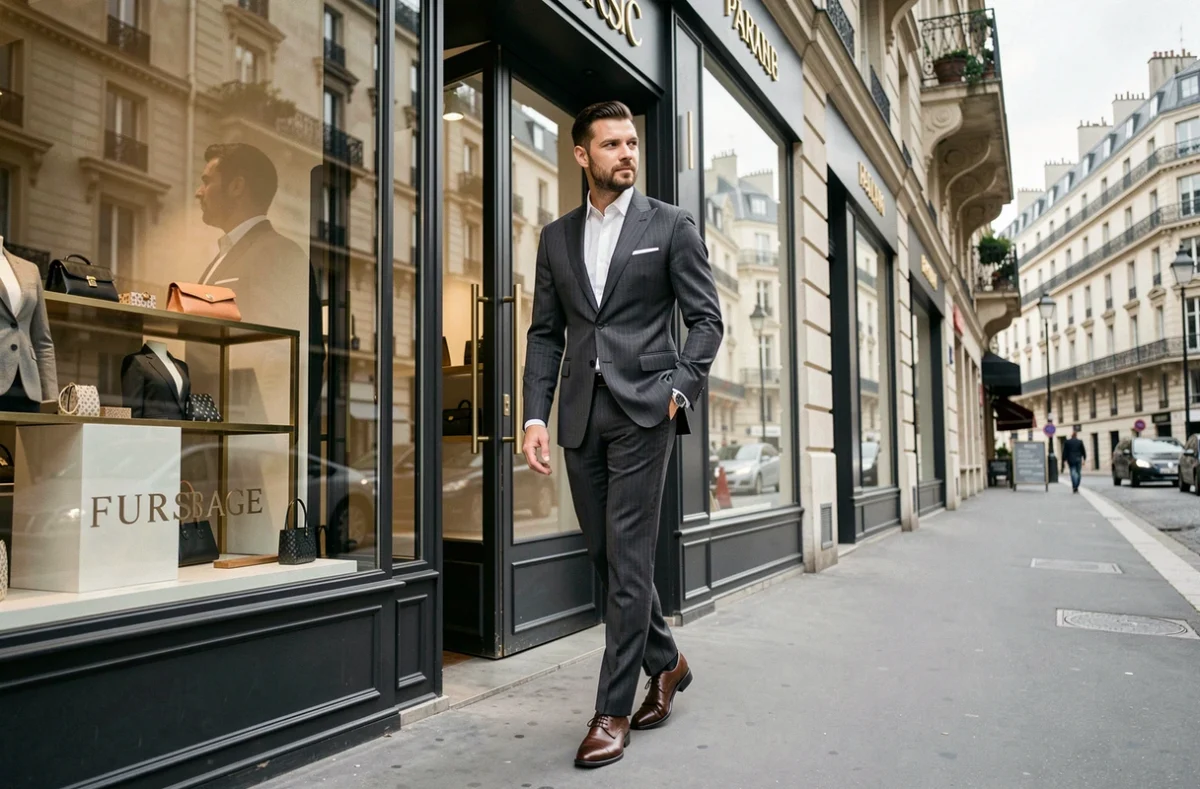 Homme élégant en costume Fursac sortant d'une boutique parisienne haut de gamme avec une silhouette soignée