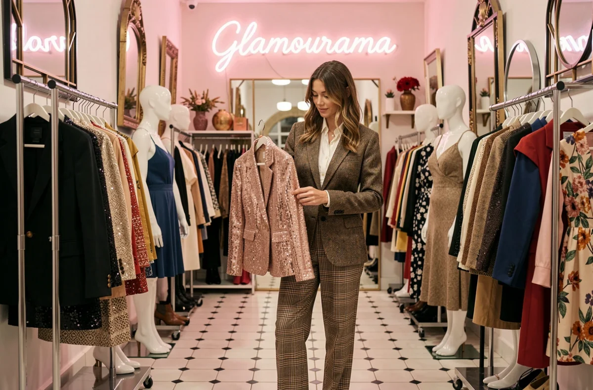 Boutique Glamourama Vintage à Saint-Ouen avec robes et vestes vintage des années 60 à 90 présentées sur des portants élégants