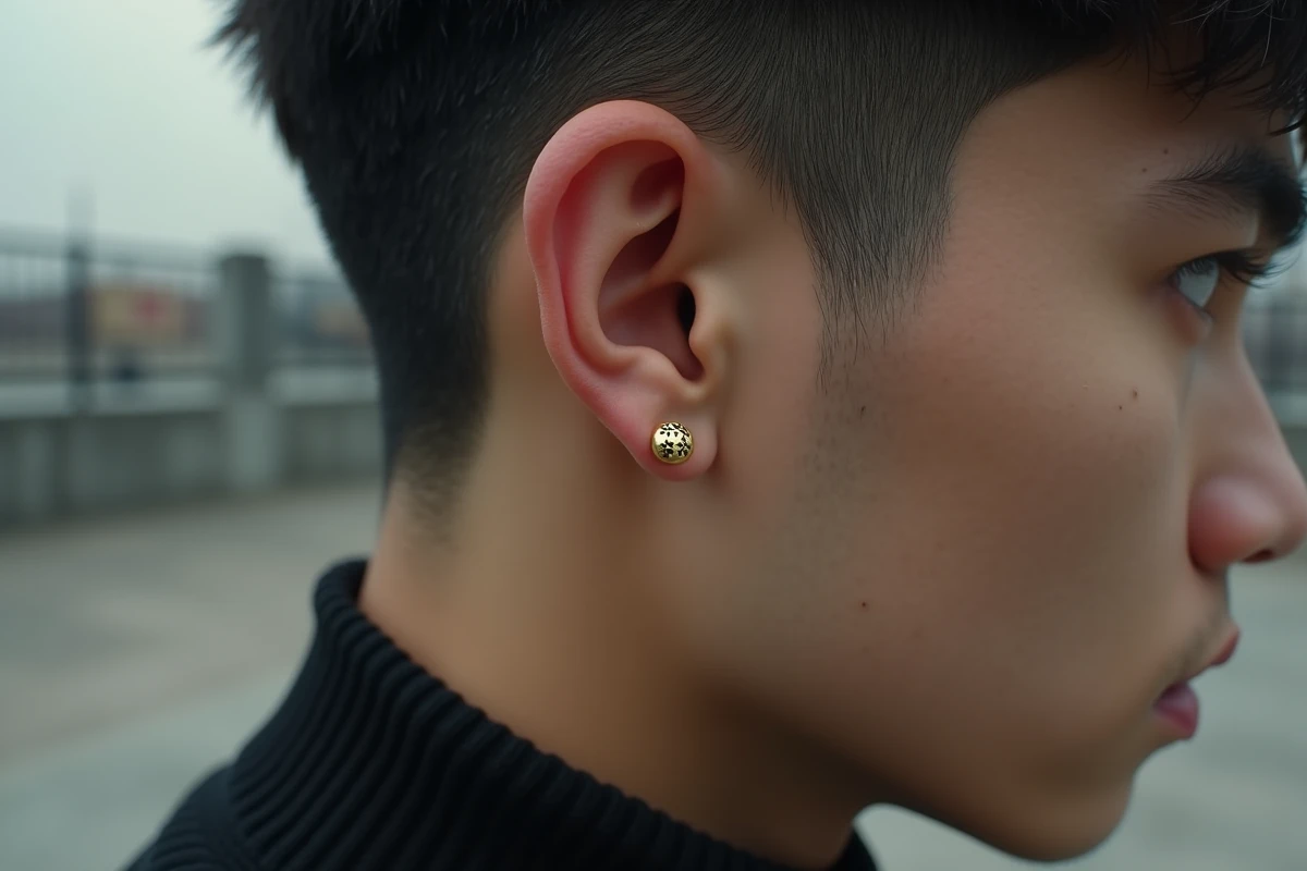 Gros plan sur une boucle d'oreille sphère Dragon Ball en or portée par un homme en col roulé noir, détail bijou streetwear manga
