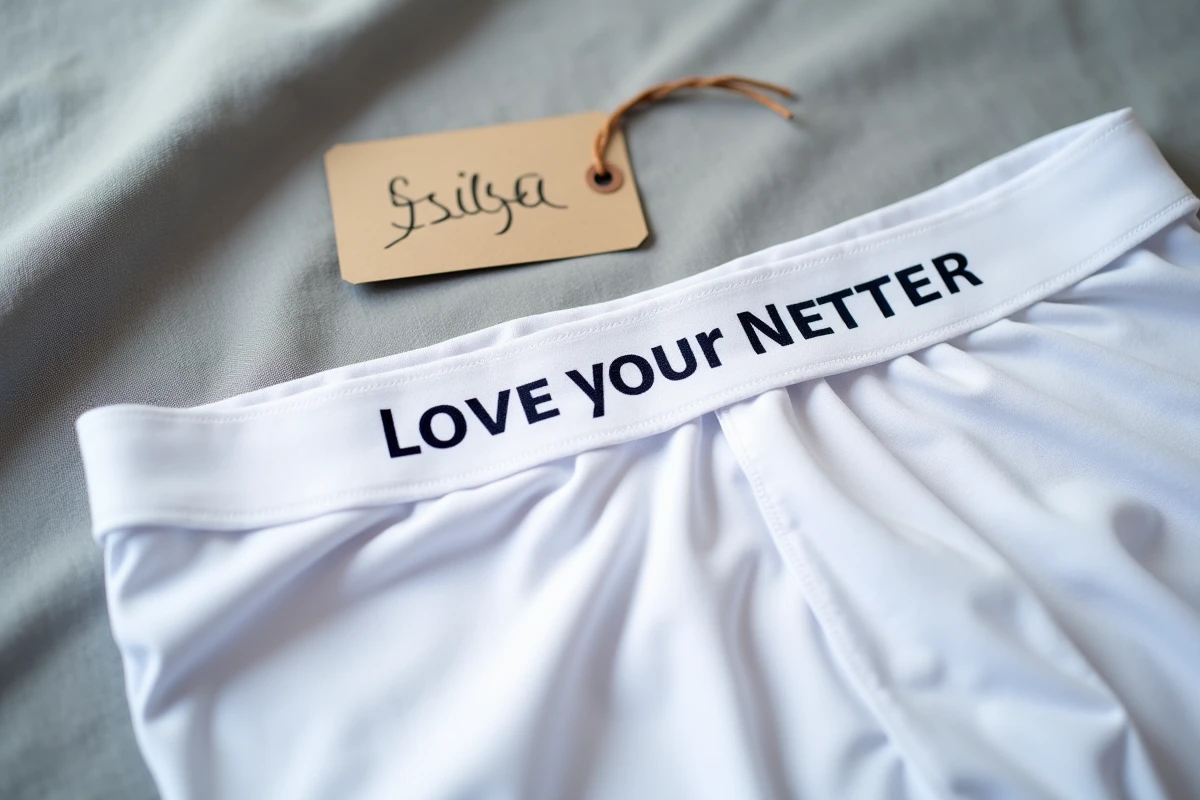 Gros plan sur la ceinture d'un boxer homme personnalisé avec message imprimé en typographie sur tissu coton