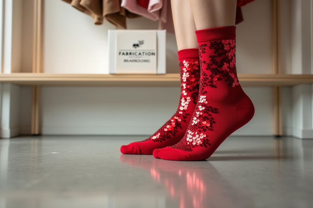 Gros plan de chaussettes paillettes rouges made in France dans une boutique éthique française