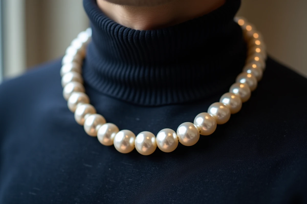 Gros plan d'un collier en perles pour homme sur un pull col roulé bleu marine avec reflets nacrés