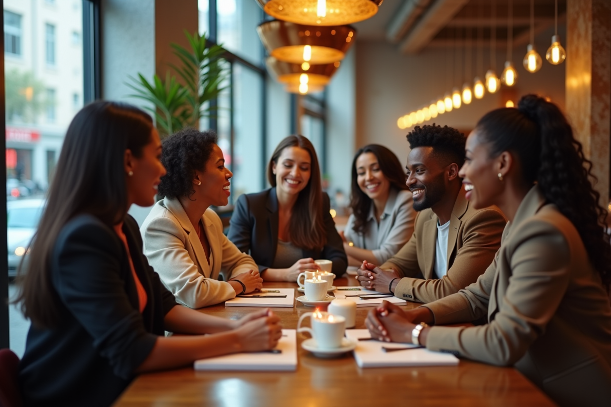 Groupe diversifié de personnes dans un café haut de gamme