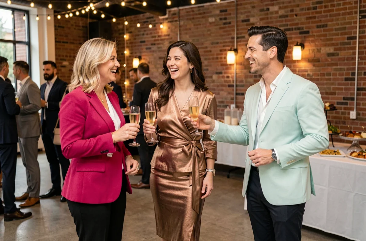 Groupe de collègues en tenues années 80 revisitées lors d'une soirée d'entreprise, blazer fuchsia, blouse bronze et veste pastel avec coupes de champagne