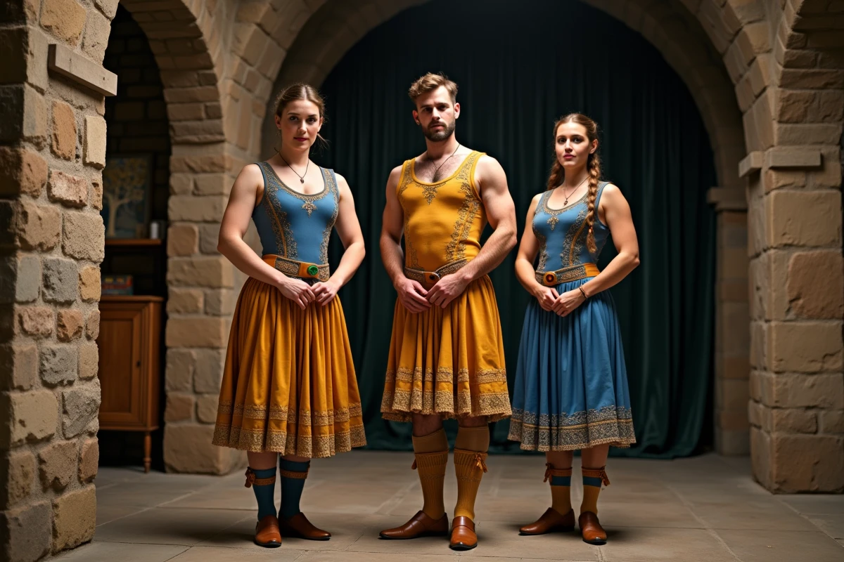 Groupe de danseurs irlandais en kilts coordonnés en coulisses avant un spectacle de danse celtique