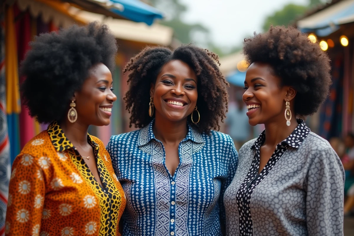 Trois femmes grande taille portant des chemises africaines colorées dans un marché de tissus à Lagos