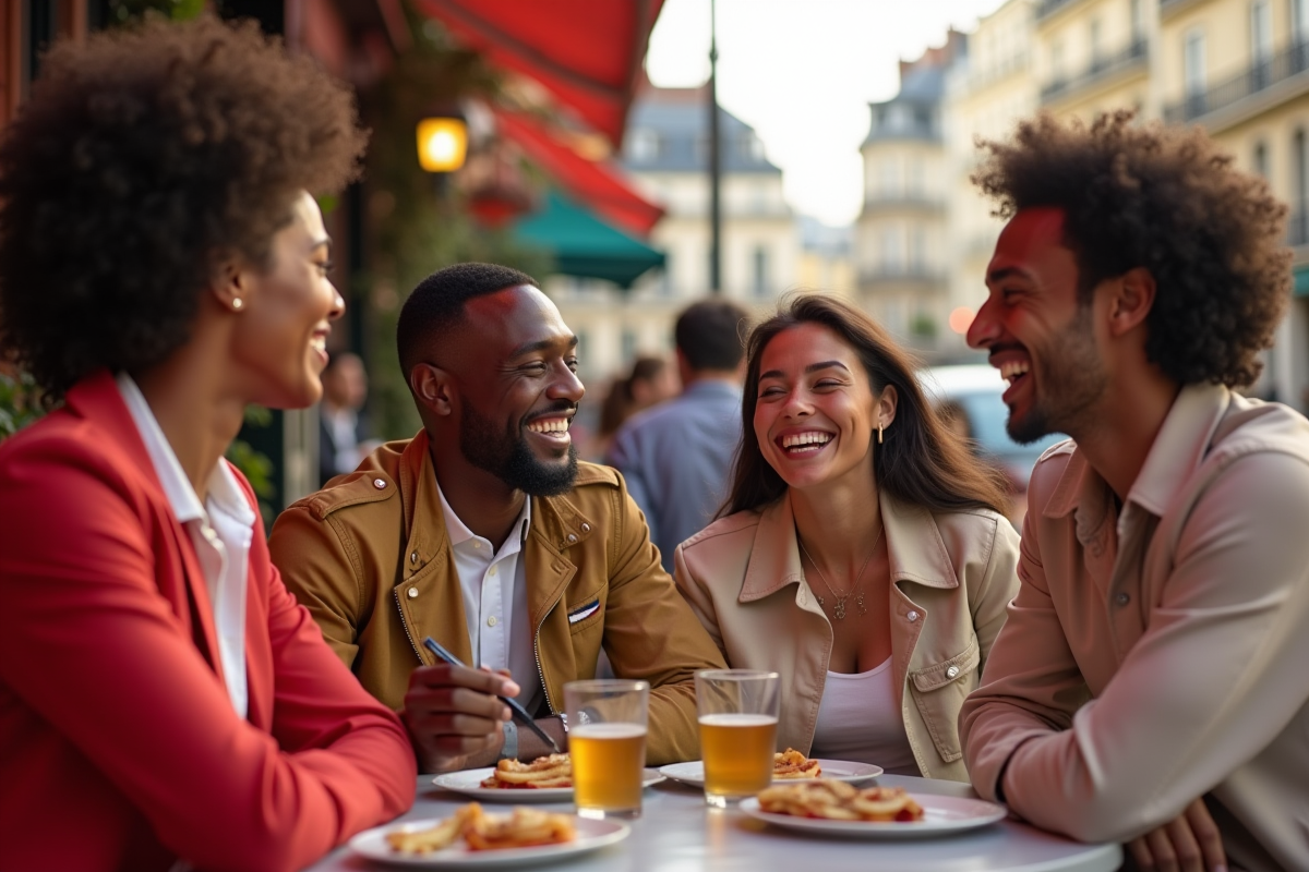 Jeunes adultes souriants portant Tommy Hilfiger à un café parisien