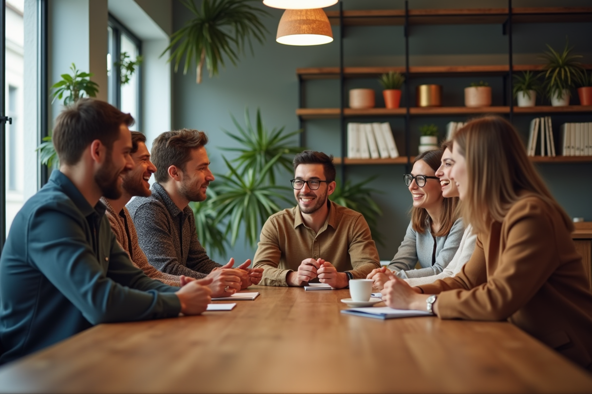 Groupe diversifié en discussion dans espace coworking moderne