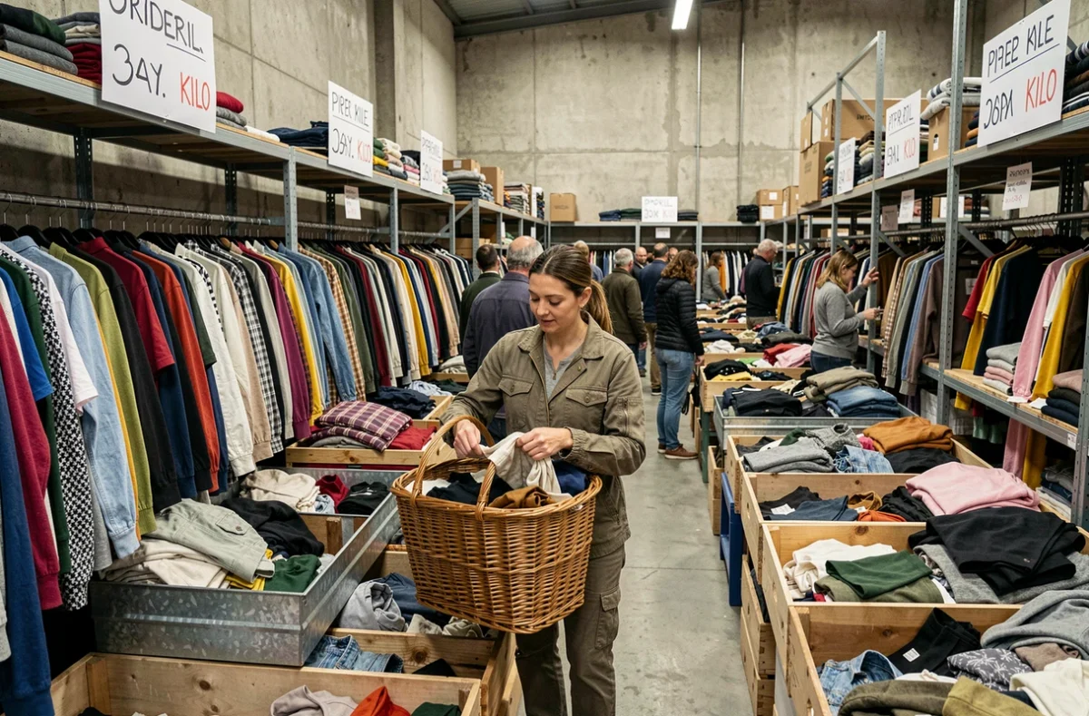 Cliente remplissant un panier de vêtements d'occasion au Guerrisol d'Aubervilliers, entrepôt de fripes en vrac