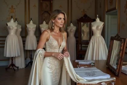 Femme en robe haute couture dans un atelier parisien