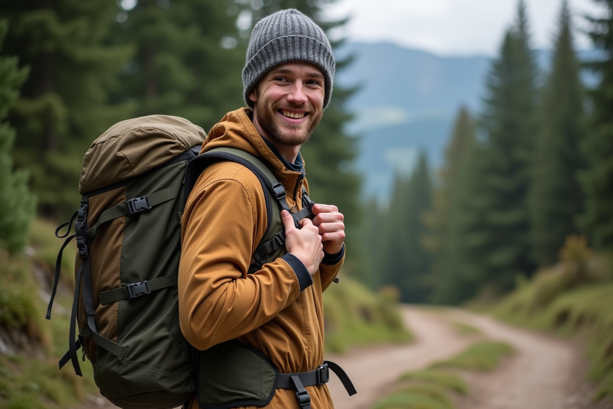 Homme ajustant son sac de trekking en forêt