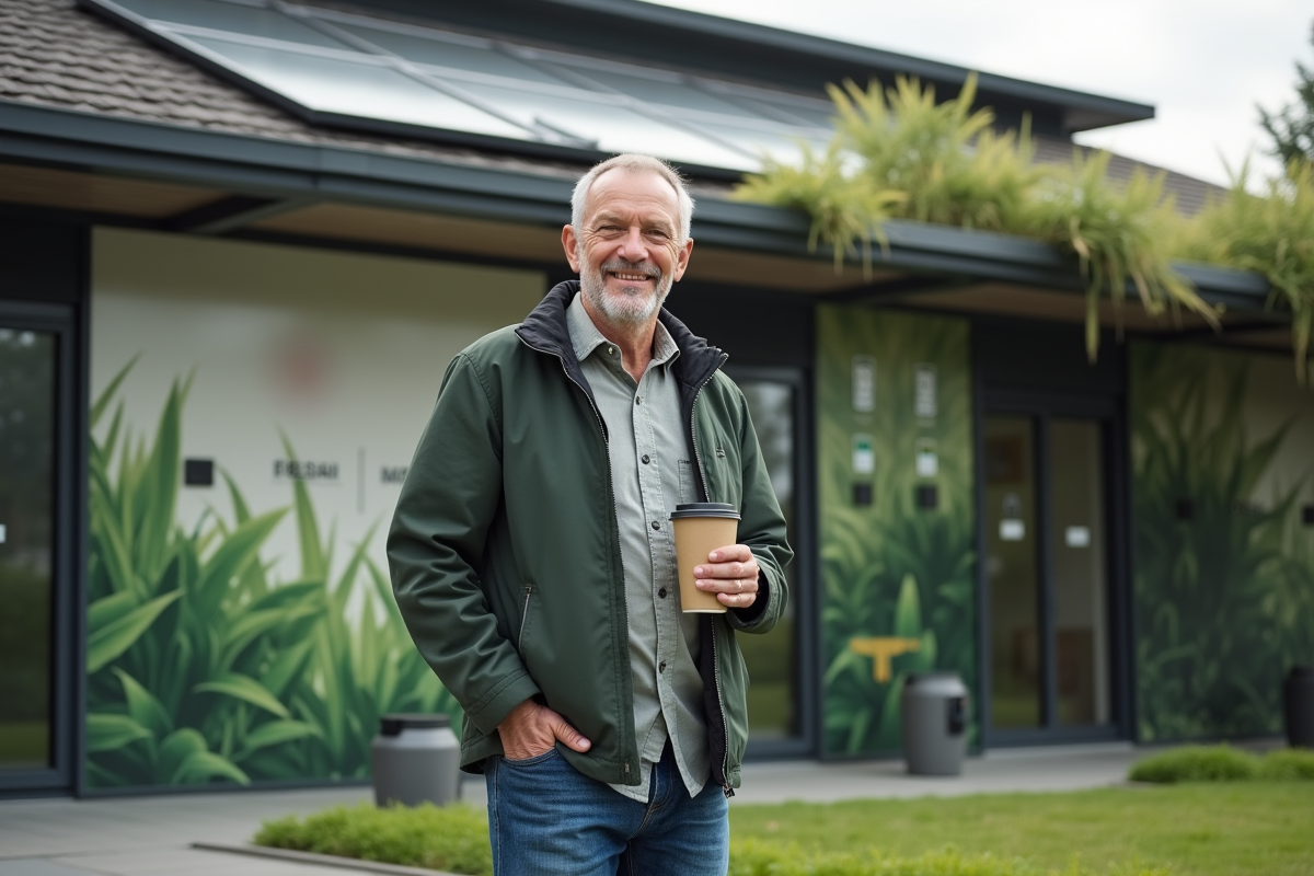Homme souriant devant bâtiment écologique avec panneaux solaires