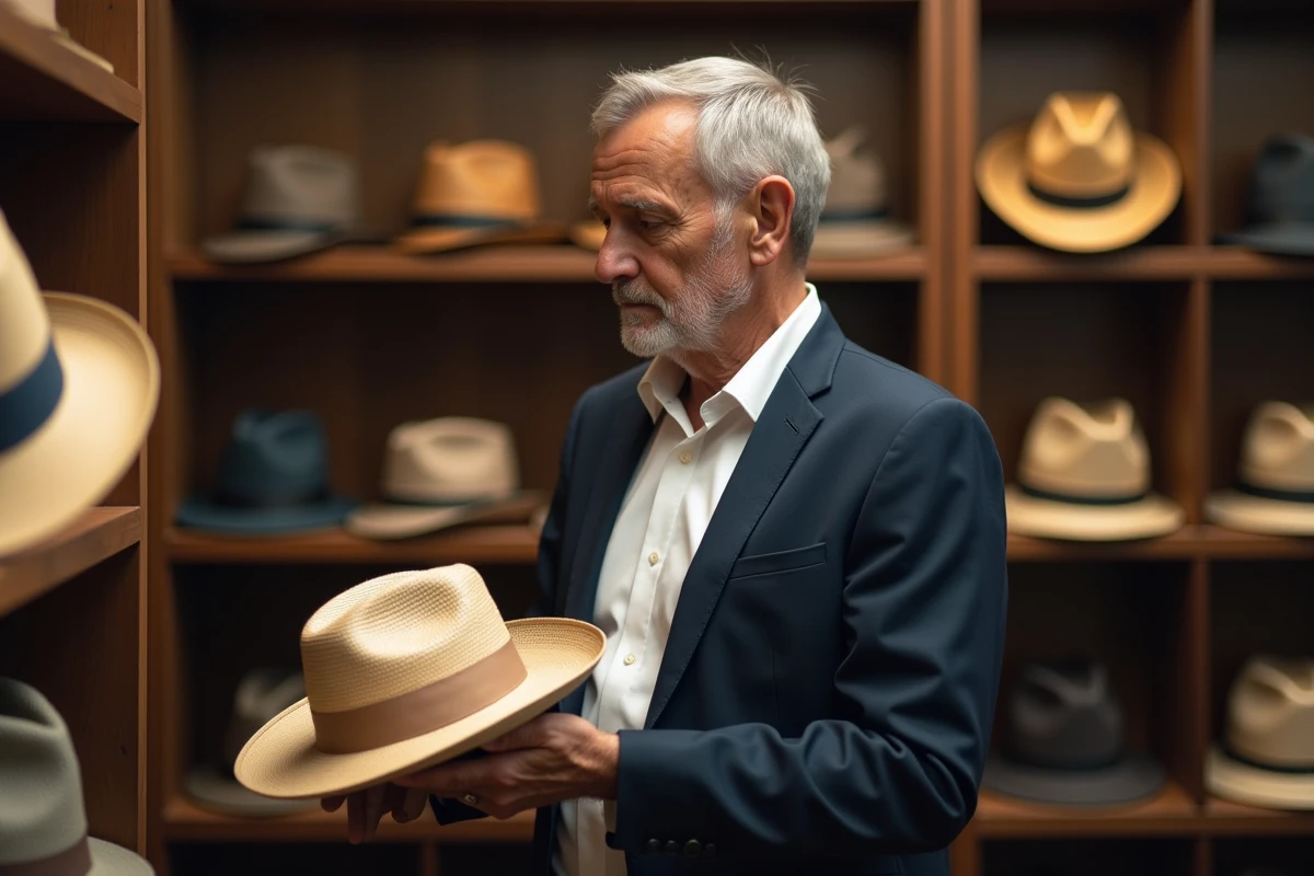 Homme regardant chapeaux dans une boutique chaleureuse