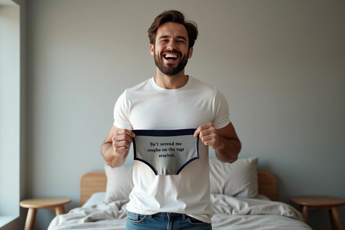 Homme tenant un boxer personnalisé avec message humoristique dans une chambre moderne et minimaliste