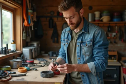 Jeune homme examinant des bracelets paracord en atelier