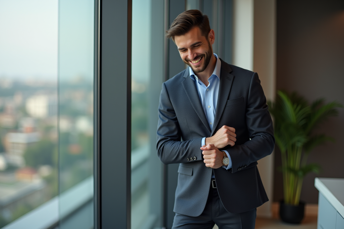 Homme professionnel ajustant sa manche avec chaussettes tendance