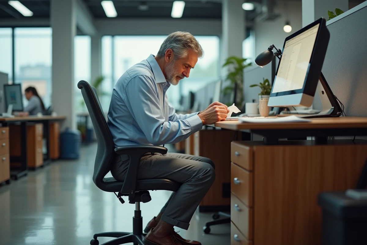 Homme au bureau insérant du papier dans ses chaussures larges