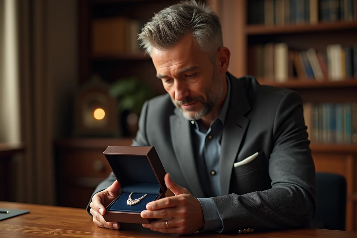 Homme élégant découvrant un collier en perles dans un écrin cadeau luxueux dans une pièce chaleureuse