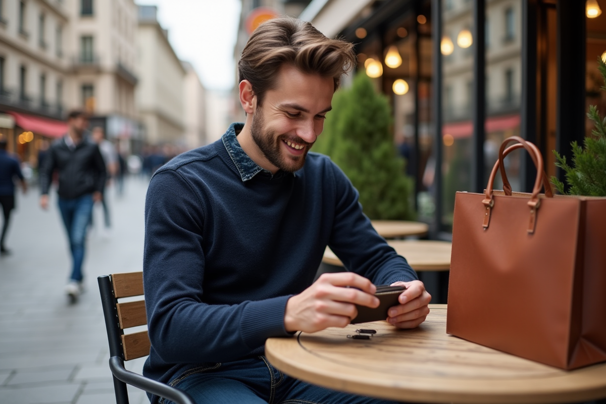 Homme détendu au café avec portefeuille et lunettes de soleil