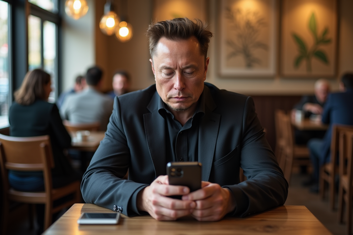 Homme d'âge moyen ressemblant à Elon Musk dans un café