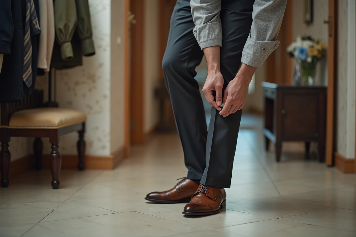 Homme en costume ajustant ses chaussures de ville