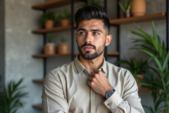 Homme élégant en chemise en lin ajustée visage net