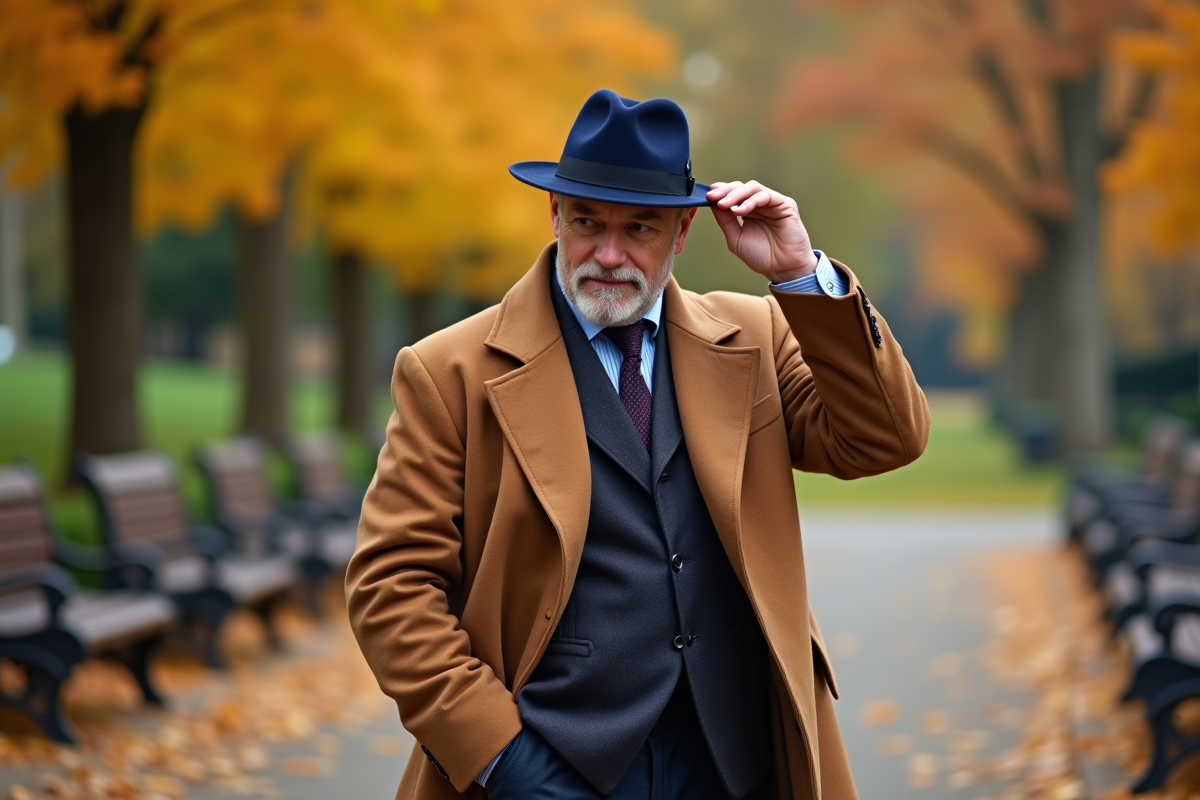 Homme sophistiqué ajustant son chapeau dans un parc automnal
