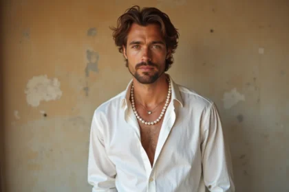 Homme stylé portant un collier en perles sur une chemise en lin blanc dans un cadre urbain
