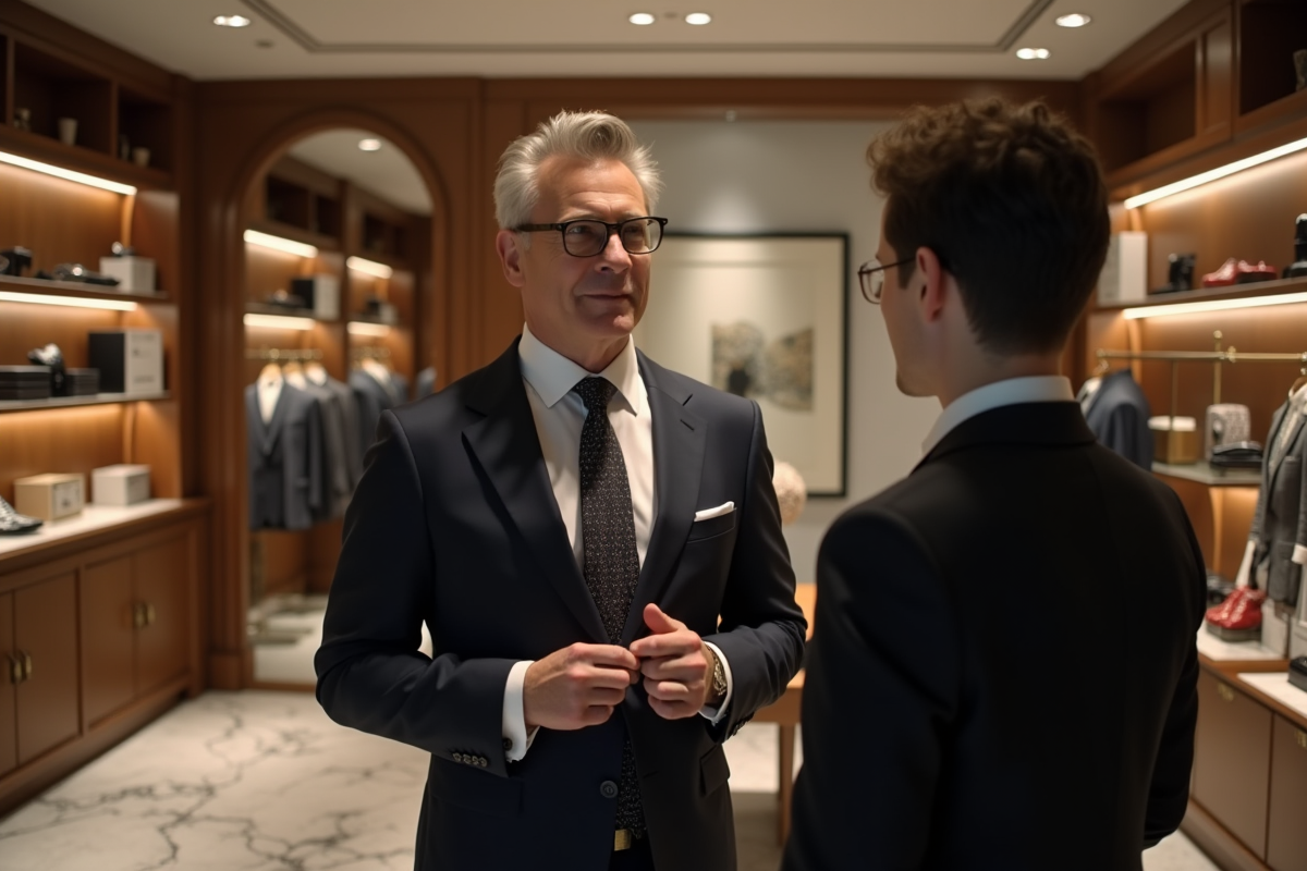 Homme en costume discutant avec une conseillère dans une boutique luxe