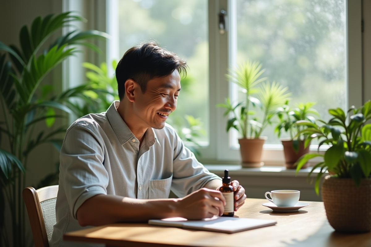 Homme asiatique souriant examinant un flacon de serum visage dans un salon lumineux