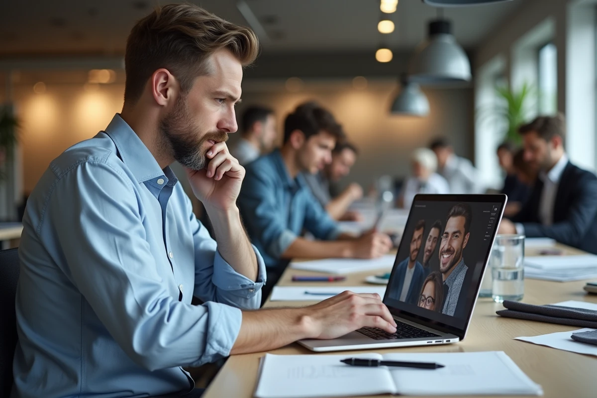 Homme examinant textures de tissus et avatars numériques