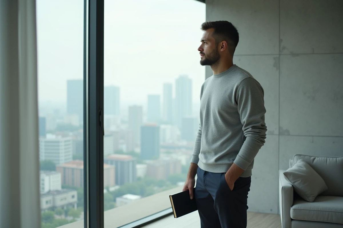 Homme pensif debout près d'une grande fenêtre dans un appartement minimaliste avec carnet à la main, évoquant la réflexion créative et l'impact d'un blog au contenu ciblé