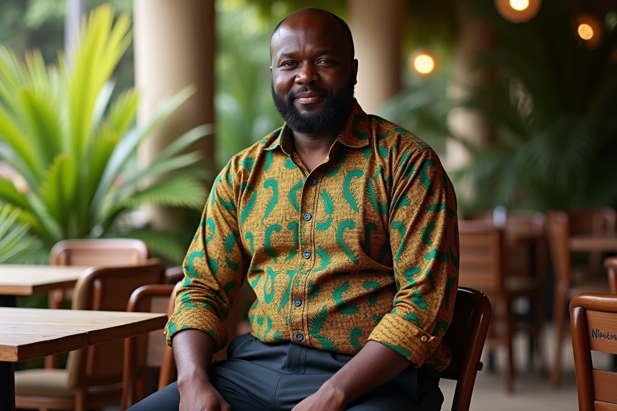 Homme africain grande taille en chemise bogolan vert et terracotta assis à une terrasse de café à Abidjan