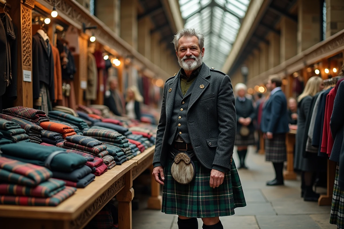 Homme en kilt irlandais tartan noir à un stand de vente lors d'une foire celtique traditionnelle