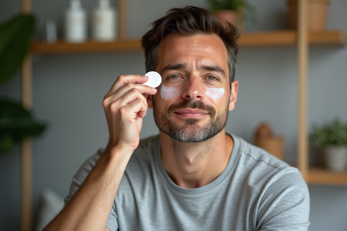Homme appliquant primer visage dans chambre cosy