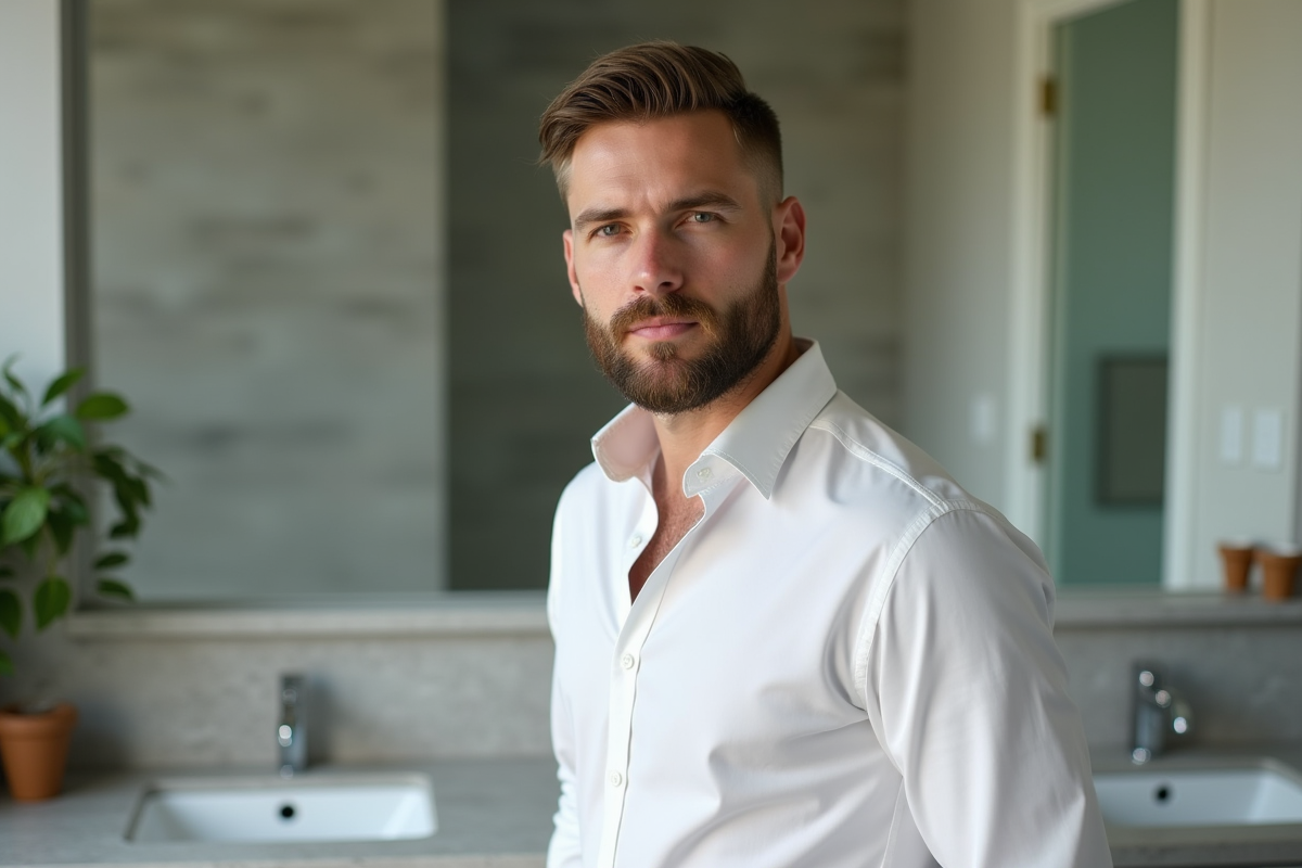 Homme élégant dans la salle de bain moderne avec miroir