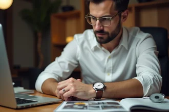 Homme évaluant une montre automatique alternative à la Rolex sur un bureau avec catalogues et loupe