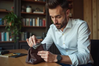 Homme élégant nettoyant un sac en cuir brun foncé
