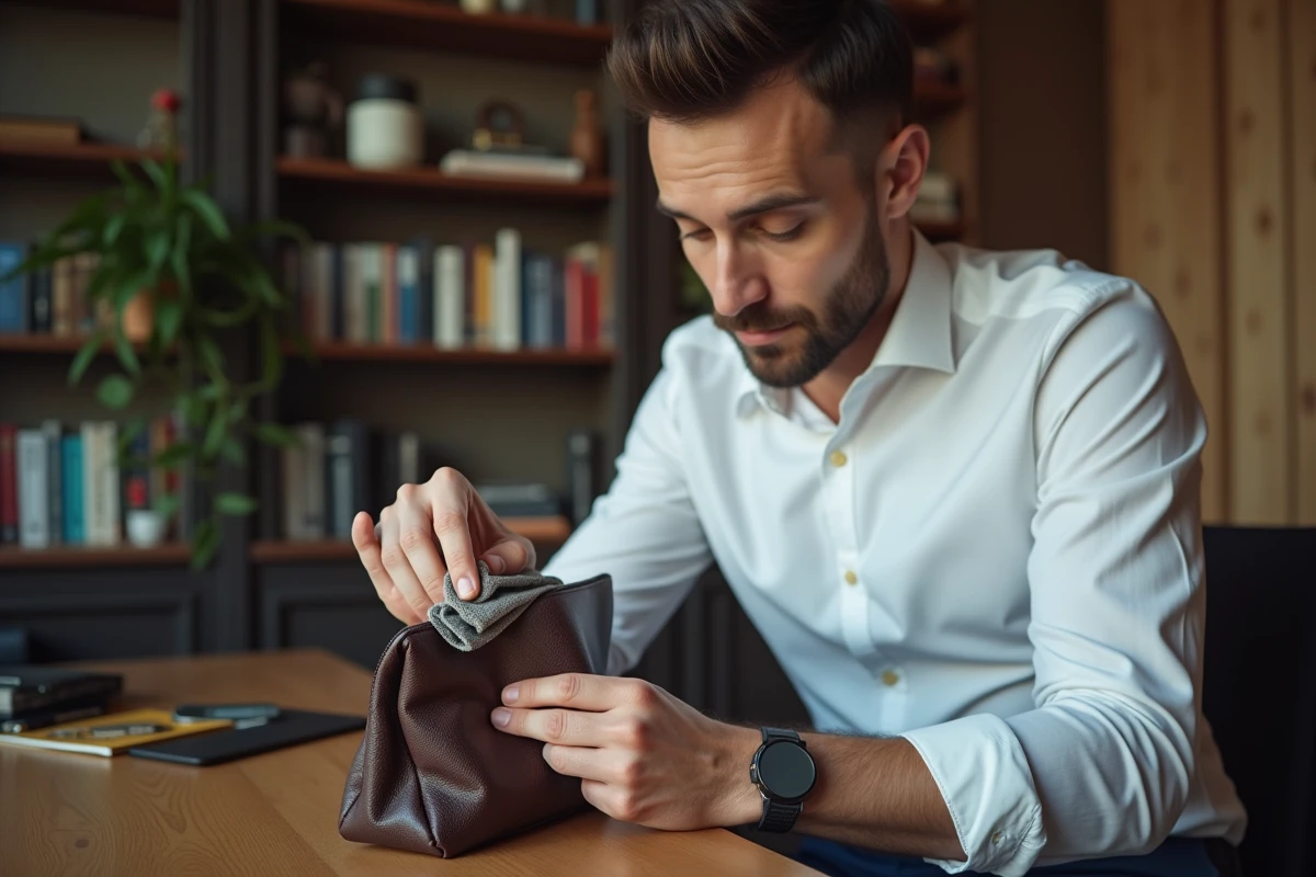 Homme élégant nettoyant un sac en cuir brun foncé