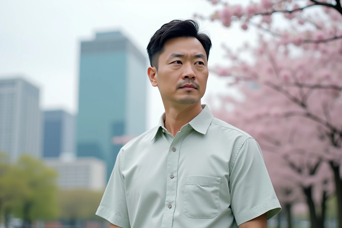 Homme koreen pensif dans un parc urbain au printemps