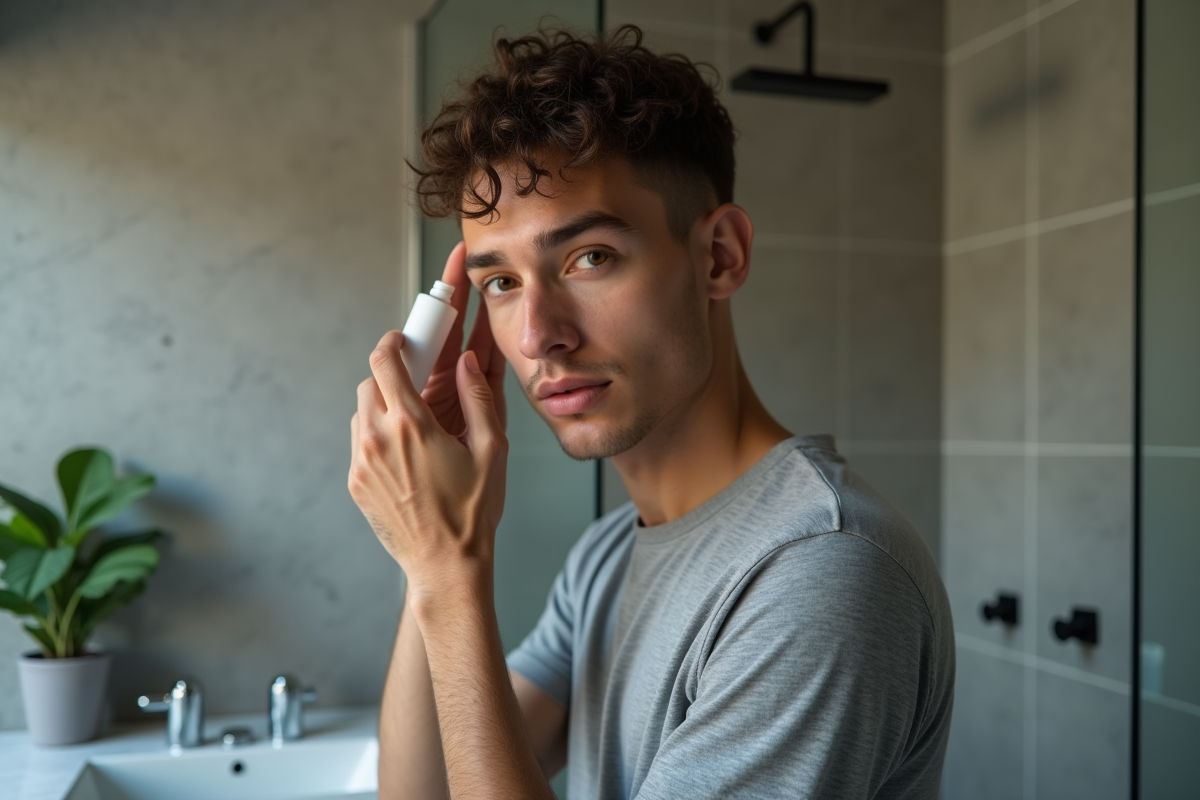 Homme appliquant un serum dans une salle de bain moderne