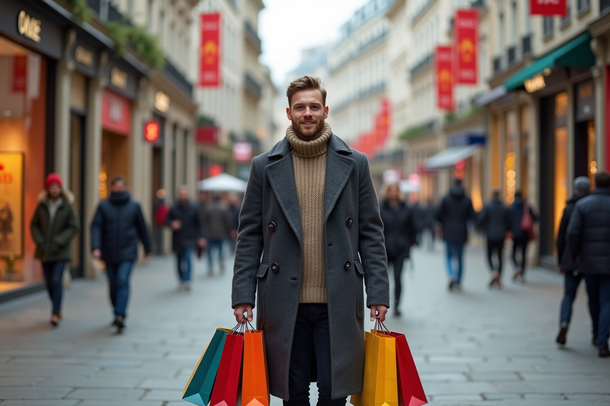 Homme souriant avec sacs de shopping en ville en hiver