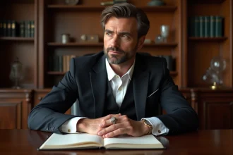 Homme en costume dans un bureau élégant avec bague en or blanc