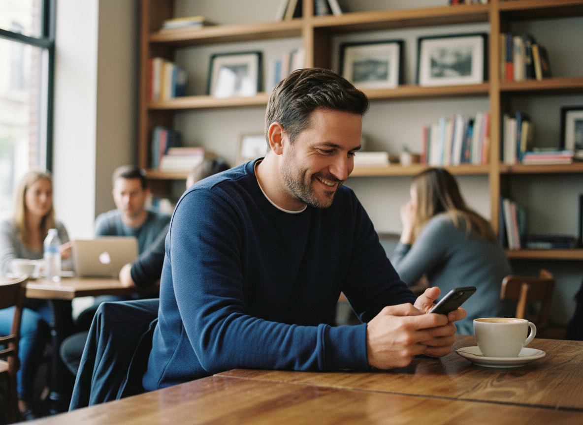 Homme en sweat navy dans un café convivial