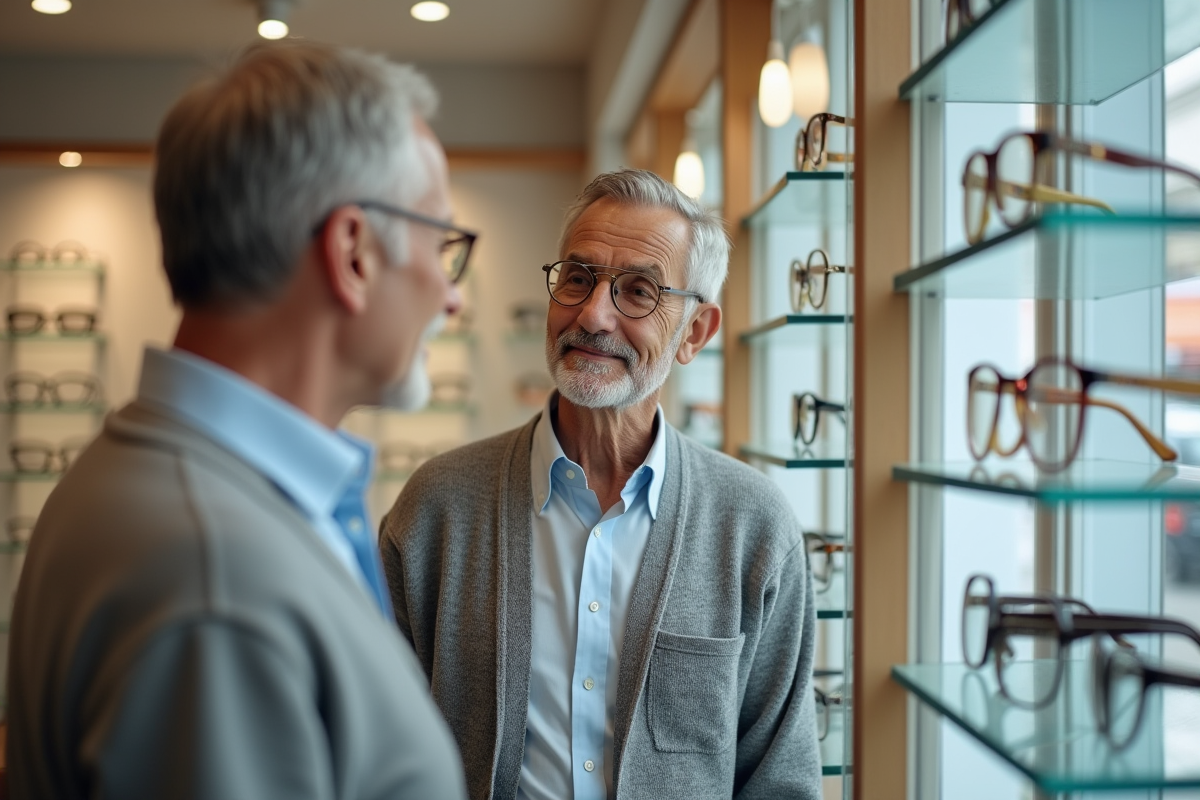Homme essayant plusieurs paires de lunettes en boutique
