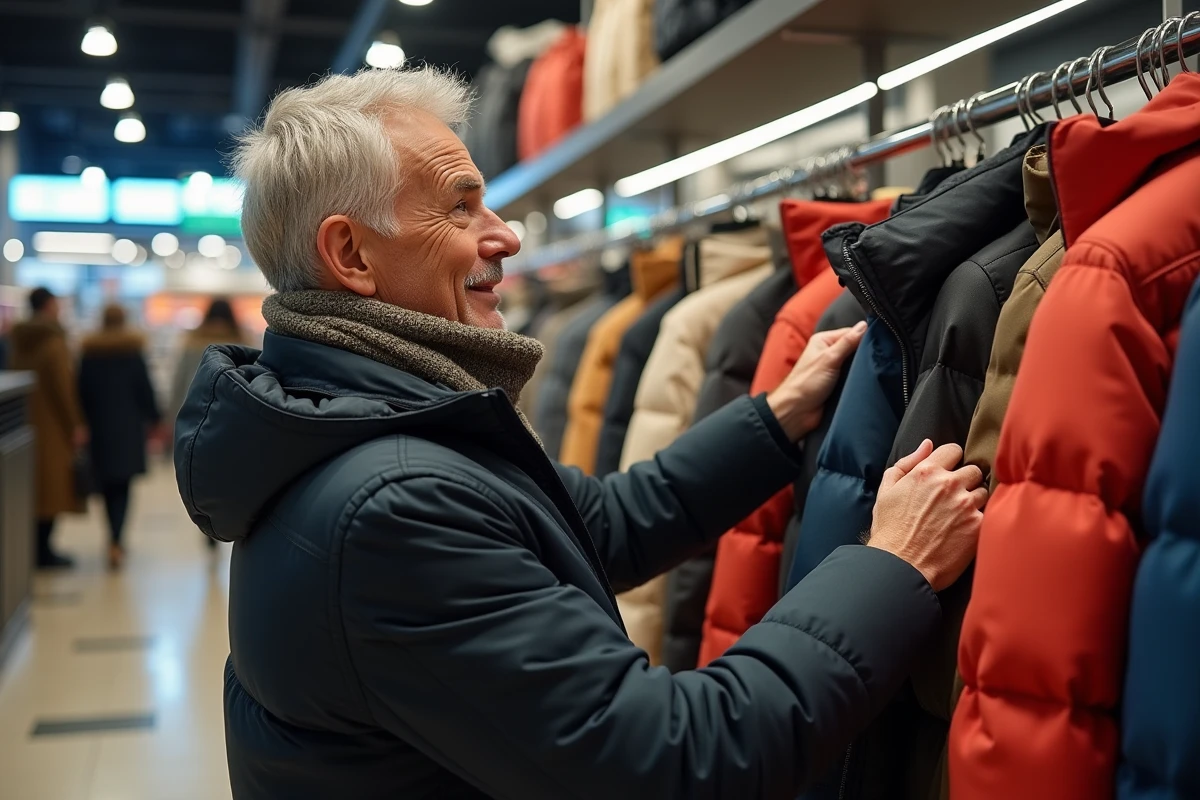 Homme en manteau et écharpe choisissant une veste dans un magasin
