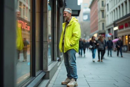 Homme d'âge moyen en tenue 80s dans une ville moderne