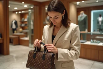 Femme inspectant attentivement une pochette en cuir monogrammée dans une boutique de luxe pour vérifier son authenticité